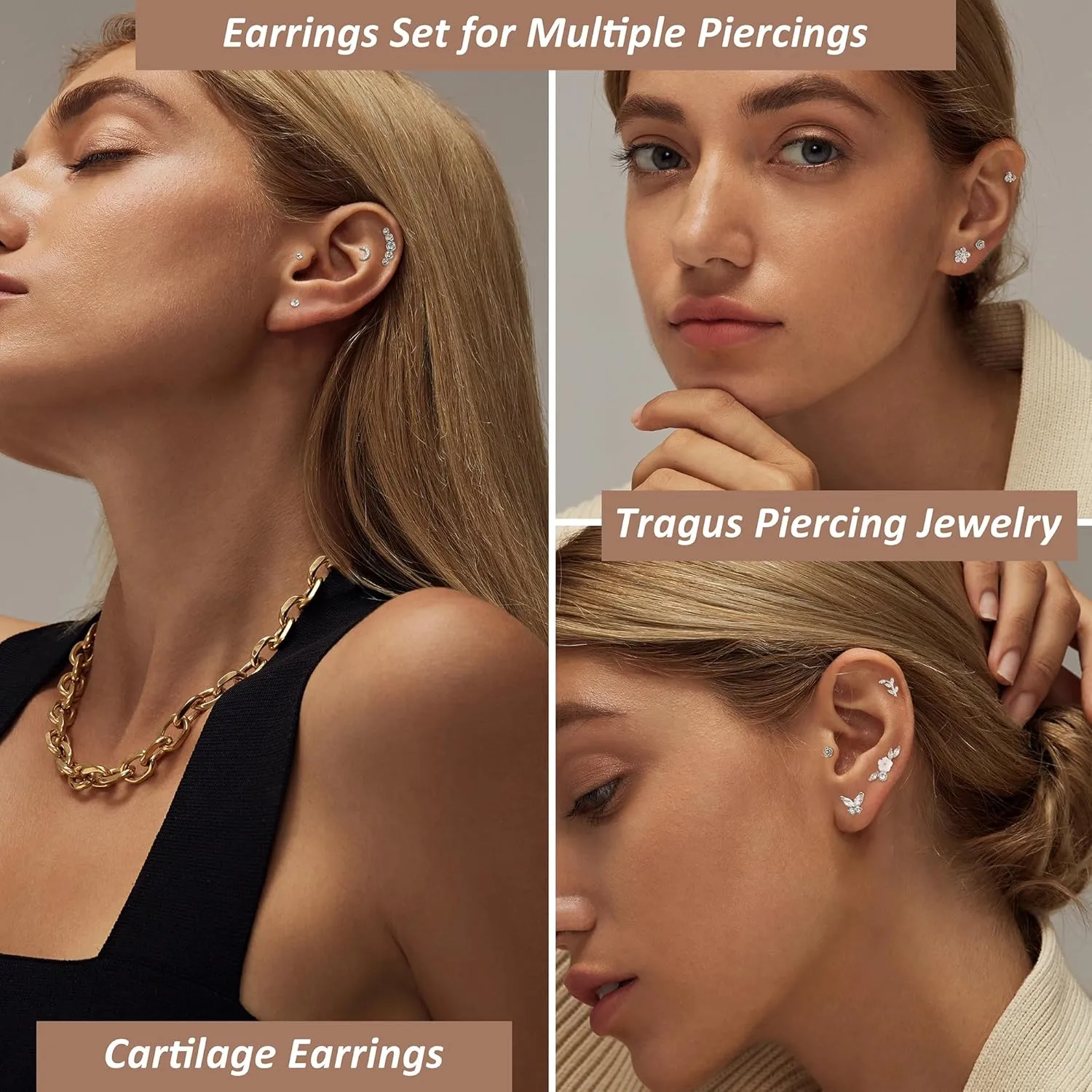 YADOCA 12Pcs 16G Tragus Earrings for Women Cartilage Earring Flat Back Stainless Steel Top Screw CZ Butterfly Bee Flower Moon Heart Flatback Stud Earrings Labret Conch Helix Cartilage Tragus Piercing Jewelry Set