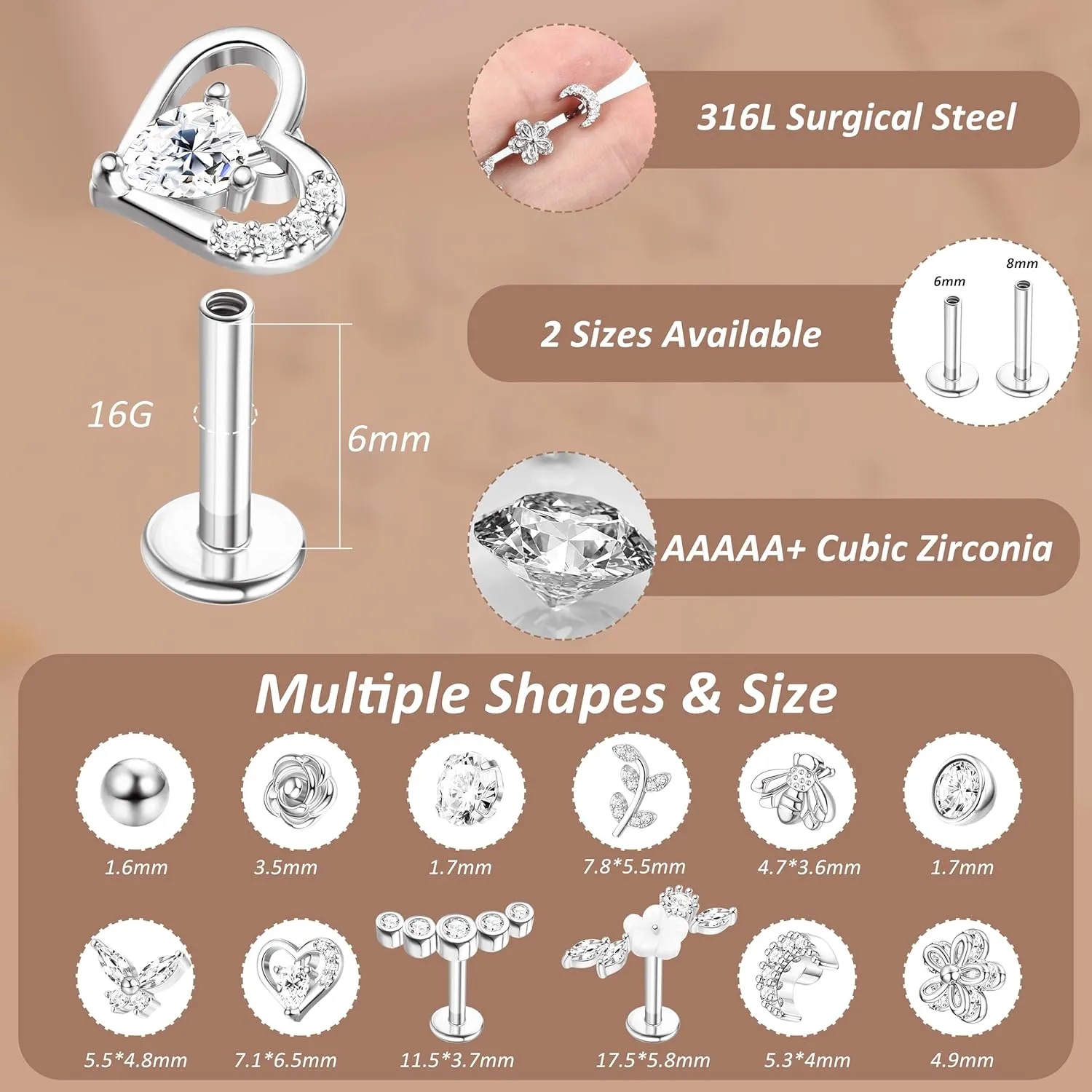 YADOCA 12Pcs 16G Tragus Earrings for Women Cartilage Earring Flat Back Stainless Steel Top Screw CZ Butterfly Bee Flower Moon Heart Flatback Stud Earrings Labret Conch Helix Cartilage Tragus Piercing Jewelry Set