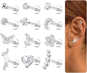 YADOCA 12Pcs 16G Tragus Earrings for Women Cartilage Earring Flat Back Stainless Steel Top Screw CZ Butterfly Bee Flower Moon Heart Flatback Stud Earrings Labret Conch Helix Cartilage Tragus Piercing Jewelry Set