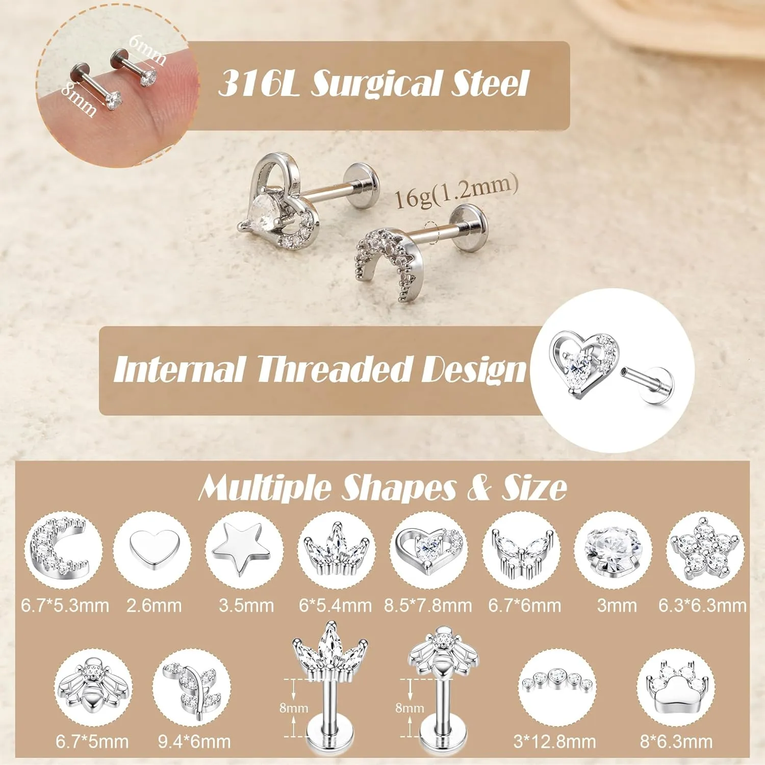 YADOCA 12Pcs 16G Tragus Earrings for Women Flat Back Cartilage Earring Stainless Steel Top Screw CZ Butterfly Bee Flower Moon Heart Flatback Stud Earrings Labret Conch Helix Cartilage Tragus Piercing Jewelry Set
