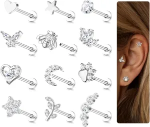 YADOCA 12Pcs 16G Tragus Earrings for Women Flat Back Cartilage Earring Stainless Steel Top Screw CZ Butterfly Bee Flower Moon Heart Flatback Stud Earrings Labret Conch Helix Cartilage Tragus Piercing Jewelry Set