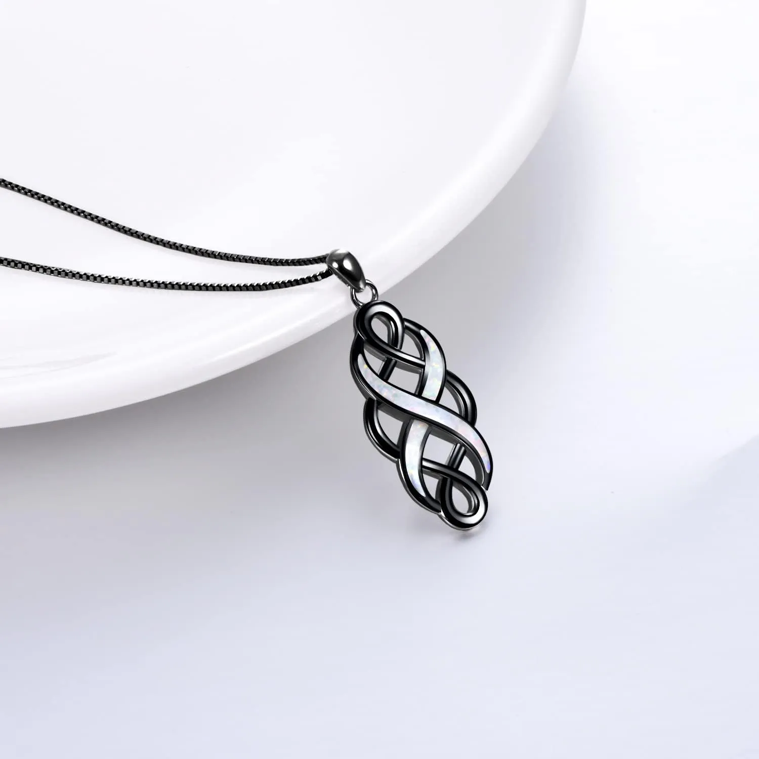YFN Irish Celtic Knot Created Opal Pendant Necklace Sterling Silver Black Necklaces for Women Men 18"