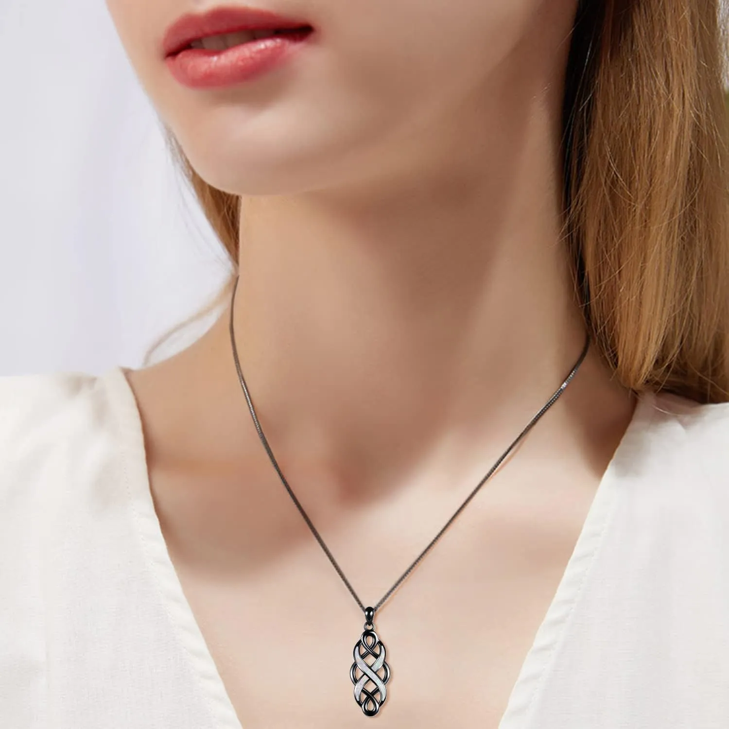 YFN Irish Celtic Knot Created Opal Pendant Necklace Sterling Silver Black Necklaces for Women Men 18"