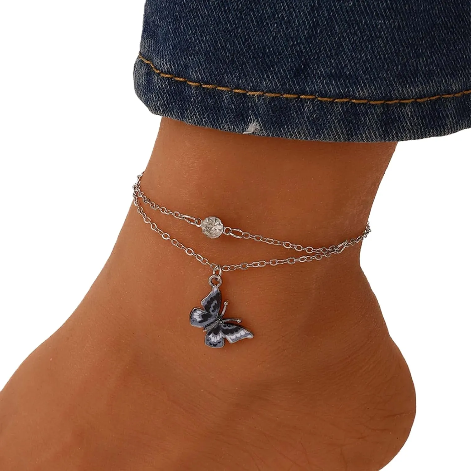 YienDoo Boho Layered Colorful Butterfly Anklet Bracelet Silver Butterfly Pendant Ankle Chain Single Tiny Rhinestone Anklet Hawaiian Beach Butterfly Pendant Foot Chain Jewelry for Women and Girls