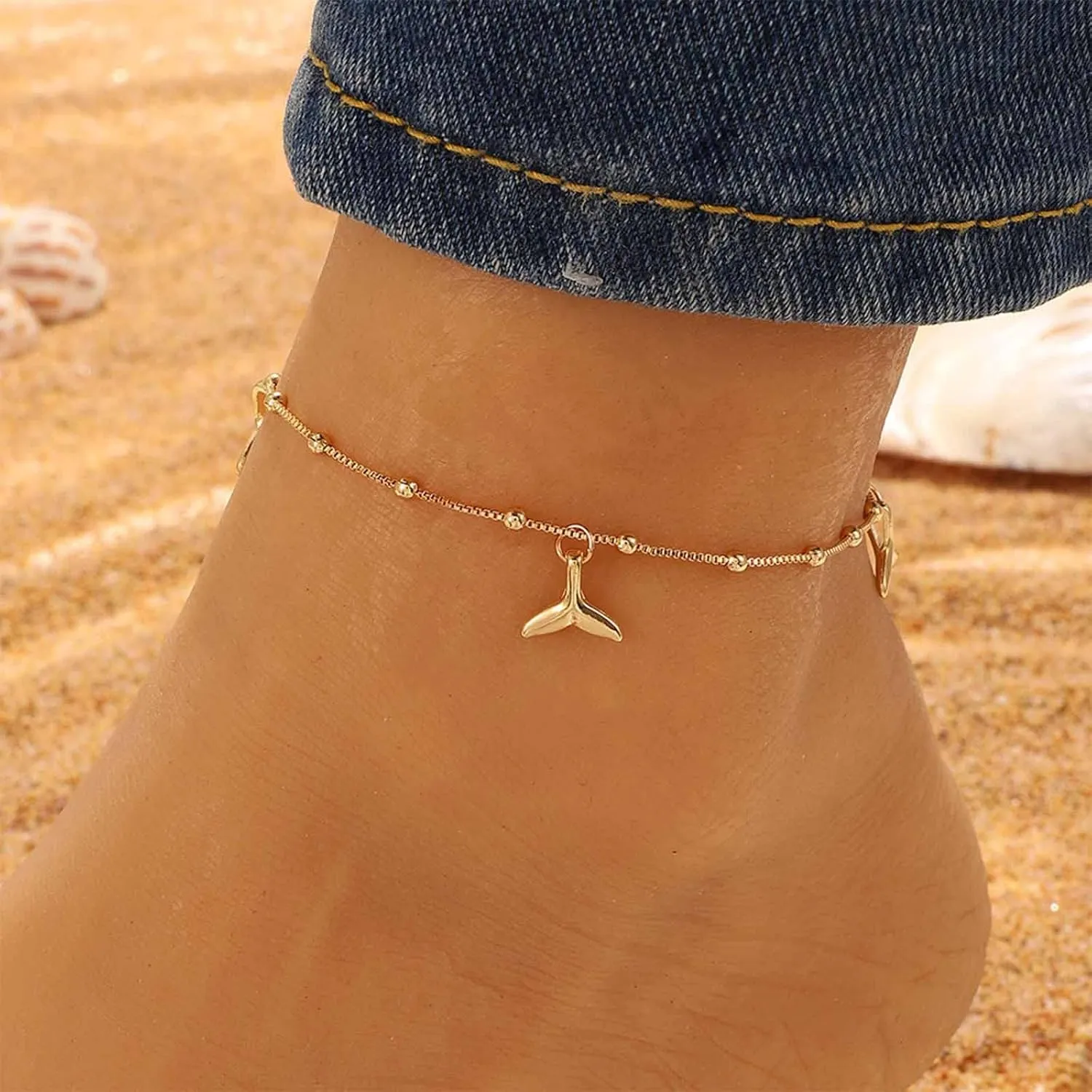 YienDoo Boho Mermaid Tail Anklet Bracelet Gold Tiny Beads Satellite Chain Mermaid Tail Pendant Ankle Chain Minimalist Hawaiian Beach Tail Foot Chain Jewelry for Women