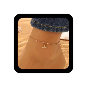 YienDoo Boho Mermaid Tail Anklet Bracelet Gold Tiny Beads Satellite Chain Mermaid Tail Pendant Ankle Chain Minimalist Hawaiian Beach Tail Foot Chain Jewelry for Women