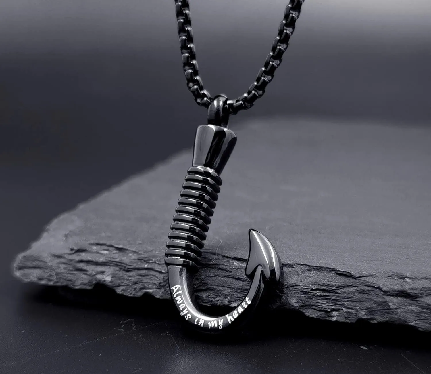 YOUFENG Fishing Hook Urn Necklace for Ashes Stainless Steel Cremation Jewelry Always in My Heart Ashes Necklaces Memorial Keepsake for Men