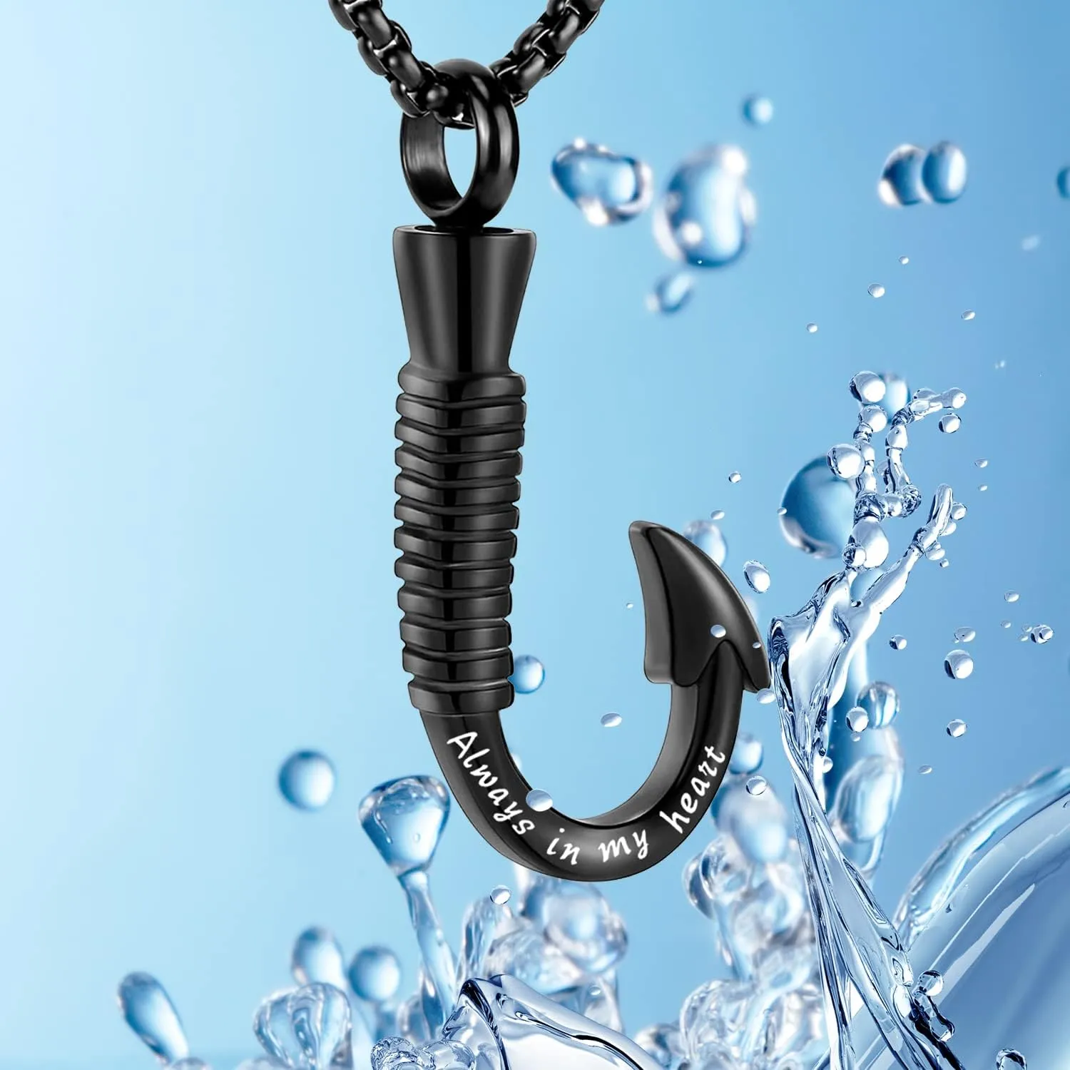 YOUFENG Fishing Hook Urn Necklace for Ashes Stainless Steel Cremation Jewelry Always in My Heart Ashes Necklaces Memorial Keepsake for Men