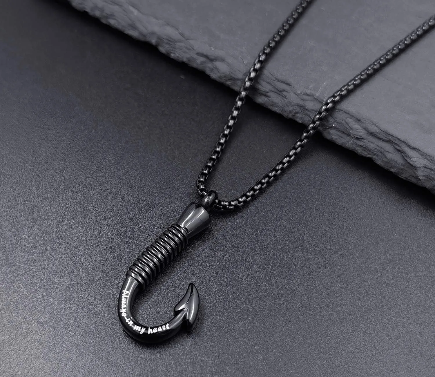 YOUFENG Fishing Hook Urn Necklace for Ashes Stainless Steel Cremation Jewelry Always in My Heart Ashes Necklaces Memorial Keepsake for Men
