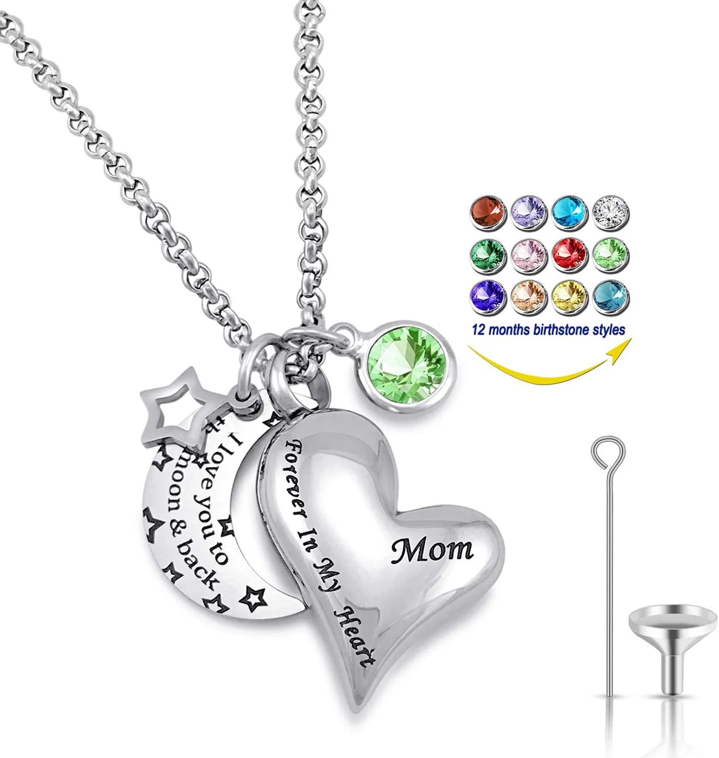 YOUFENG Urn Necklaces for Ashes I Love You to the Moon and Back for Mom Cremation Urn Locket Birthstone Jewelry