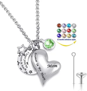 YOUFENG Urn Necklaces for Ashes I Love You to the Moon and Back for Mom Cremation Urn Locket Birthstone Jewelry