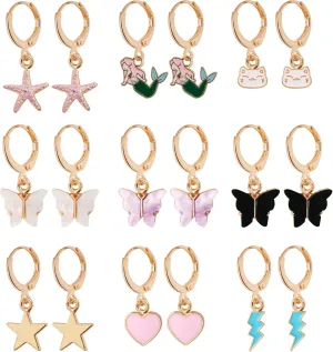 Yowivon Dangle Earrings Gold Cute Preppy Fun Earrings Small Huggie Hoop Dangle Drop Earring Charms Pendants Trendy Y2K Hypoallergenic Jewelry Gifts 9 Pairs