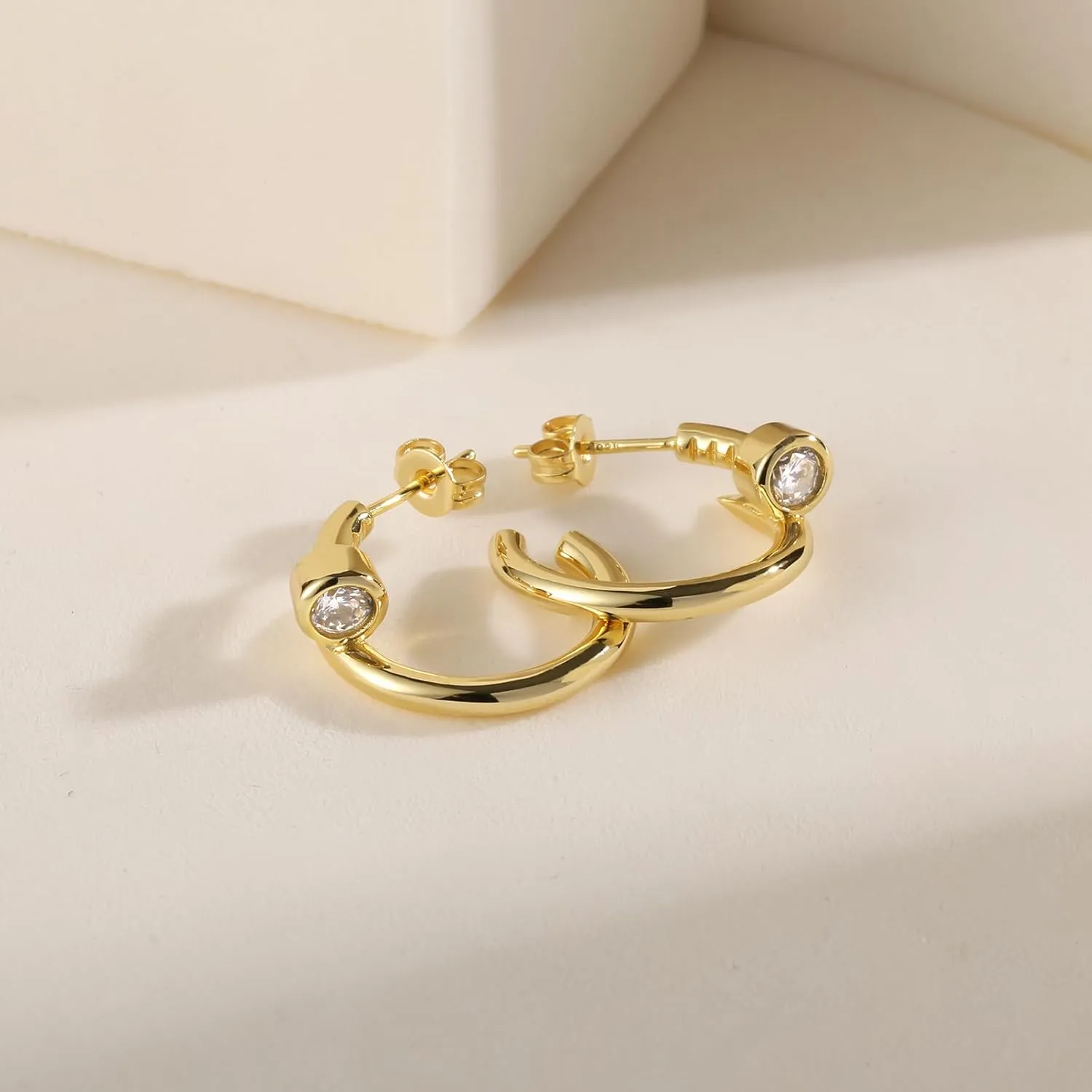 Zaano 14K Gold Plated Hoop Earrings for Women Girls 925 Sterling Silver Post  Large Small Twisted Chunky Thick CZ Hoop Square 