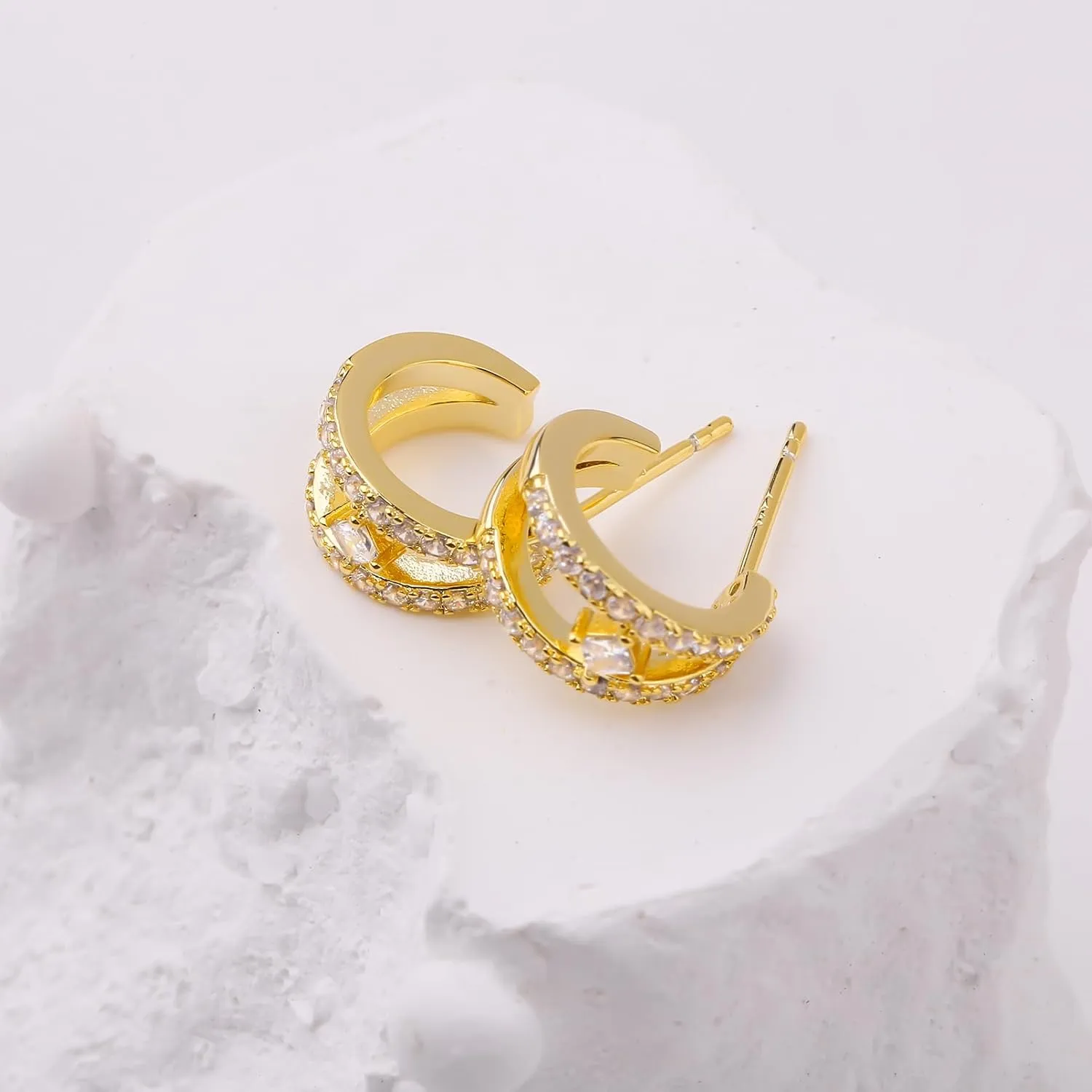 Zaano Stud Earrings for Women Gold Plated Minimalism 925 Sterling Silver Post Hyposensitivity CZ,Fan,Teardrop Earrings