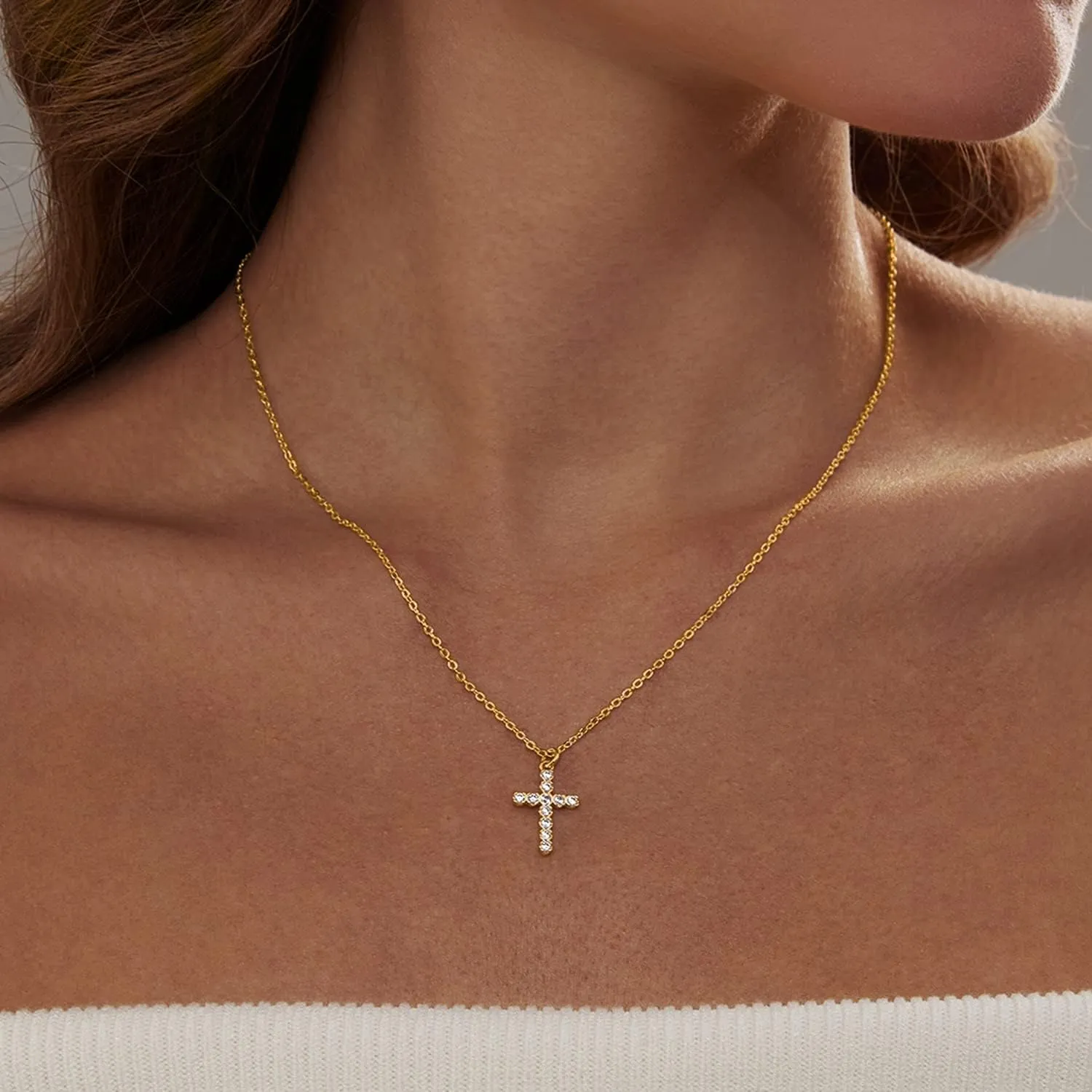 Zeffy Cross Necklace for Women,18K Gold/Silver Plated Tiny Cubic Zirconia Cross Pendant Necklace for Women Simple Layered Cross Necklaces for Women