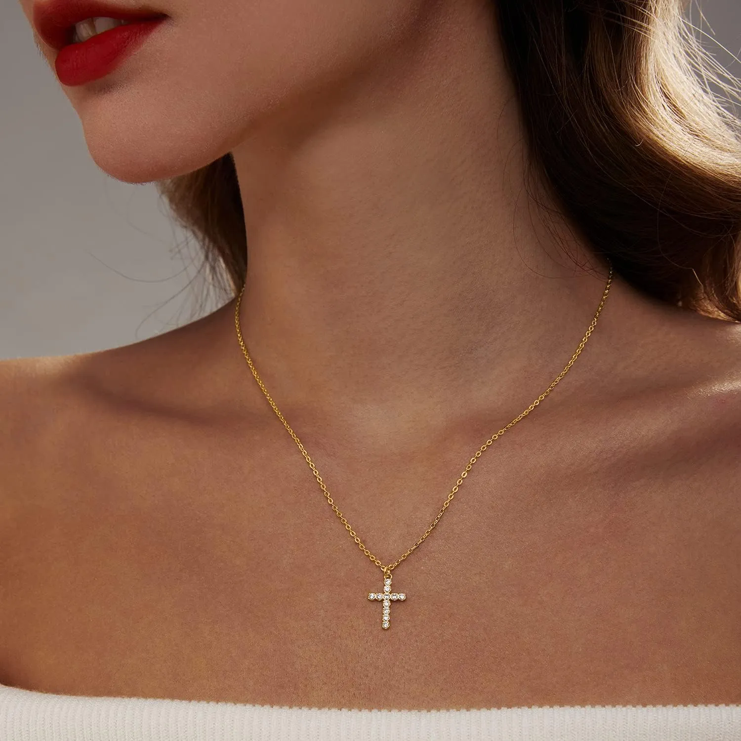 Zeffy Cross Necklace for Women,18K Gold/Silver Plated Tiny Cubic Zirconia Cross Pendant Necklace for Women Simple Layered Cross Necklaces for Women