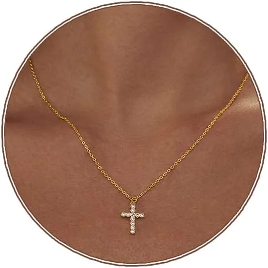 Zeffy Cross Necklace for Women,18K Gold/Silver Plated Tiny Cubic Zirconia Cross Pendant Necklace for Women Simple Layered Cross Necklaces for Women