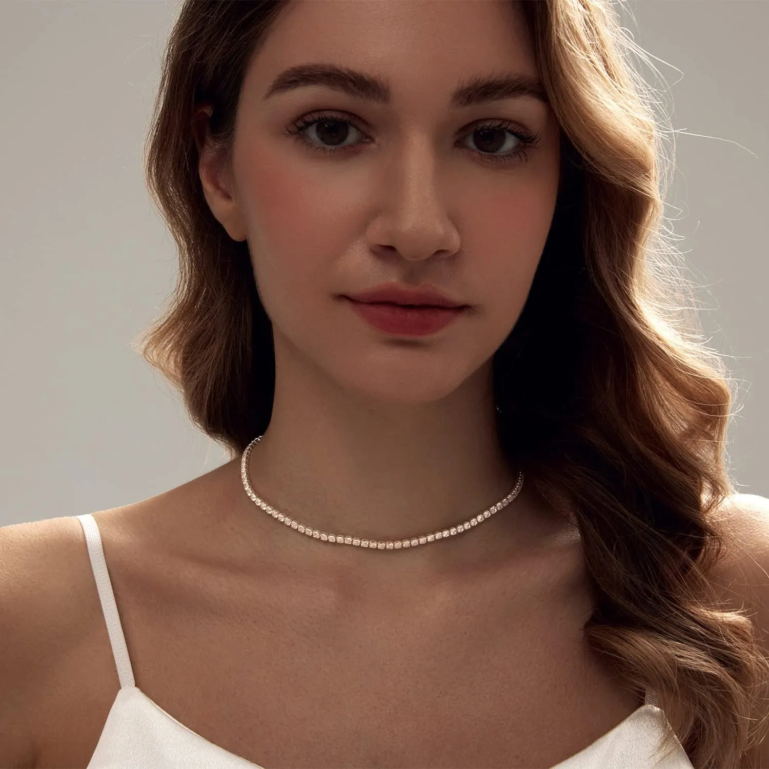 Zeffy Tennis Necklace for Women, 18K Gold/Silver Plated Rhinestone Choker Necklaces Dainty Zirconia Cut Faux Diamond chain Wedding Jewelry for Women