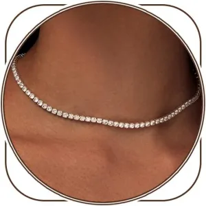 Zeffy Tennis Necklace for Women, 18K Gold/Silver Plated Rhinestone Choker Necklaces Dainty Zirconia Cut Faux Diamond chain Wedding Jewelry for Women