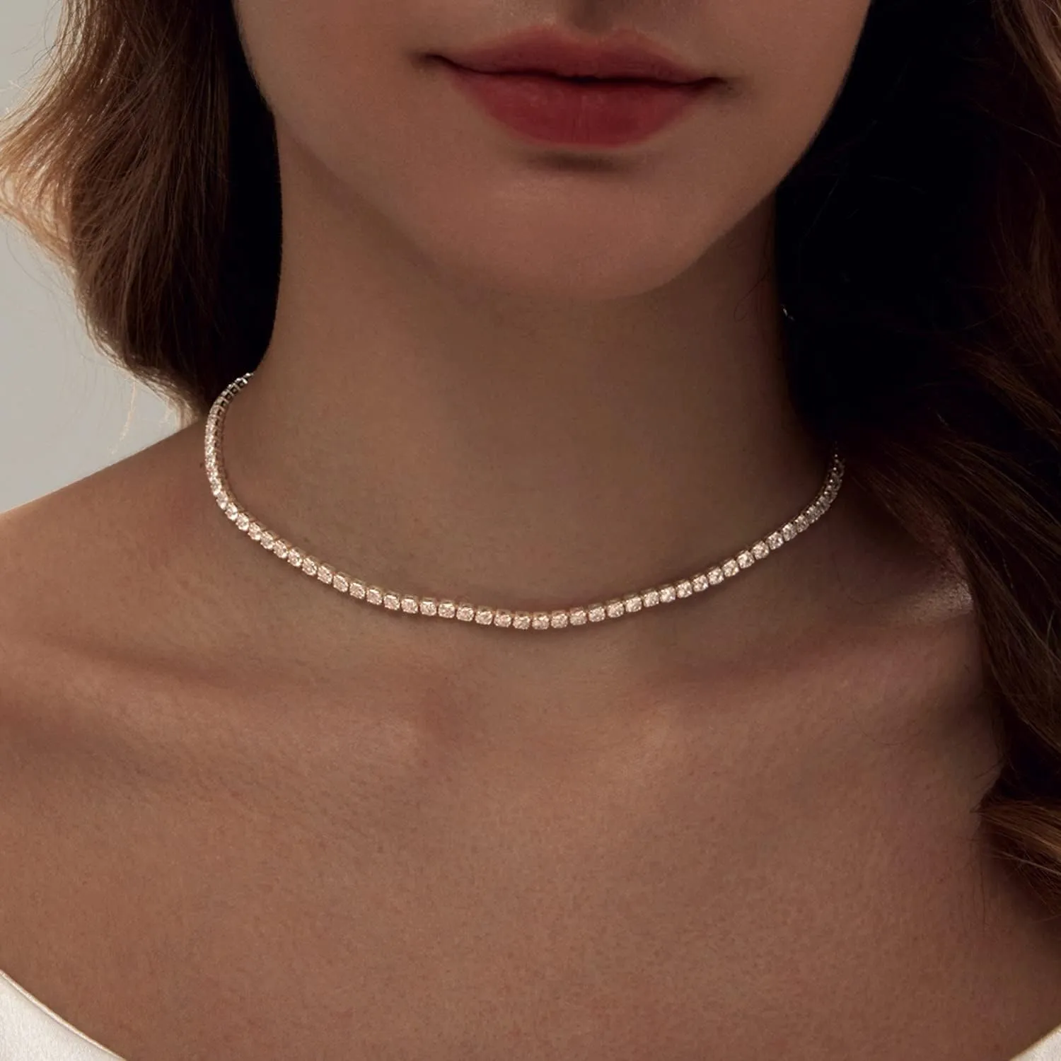 Zeffy Tennis Necklace for Women, 18K Gold/Silver Plated Rhinestone Choker Necklaces Dainty Zirconia Cut Faux Diamond chain Wedding Jewelry for Women