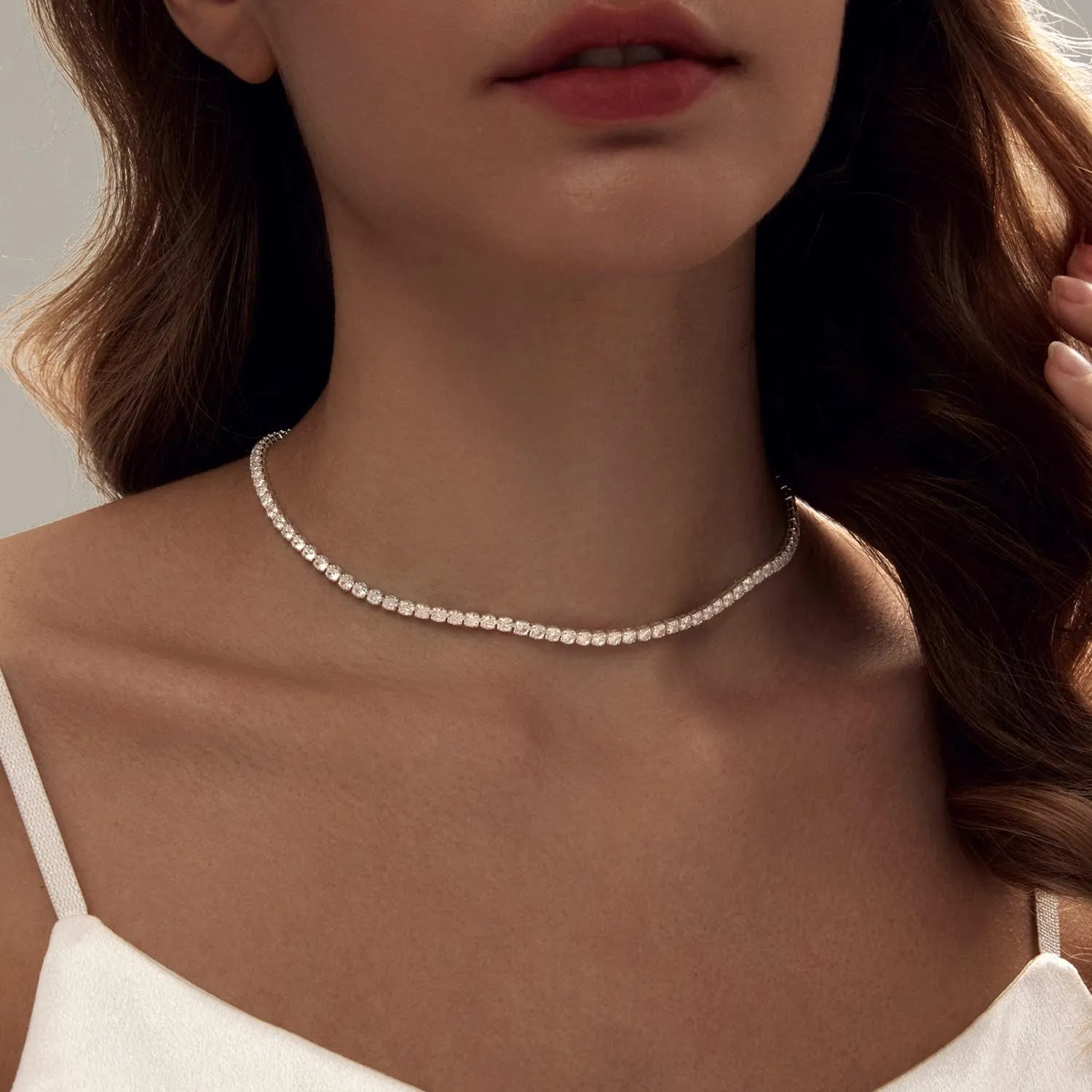 Zeffy Tennis Necklace for Women, 18K Gold/Silver Plated Rhinestone Choker Necklaces Dainty Zirconia Cut Faux Diamond chain Wedding Jewelry for Women